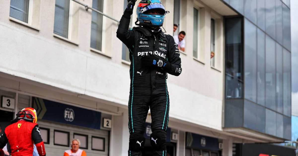 George Russell celebrates pole position for the Hungarian GP. Hungaroring July 2022.