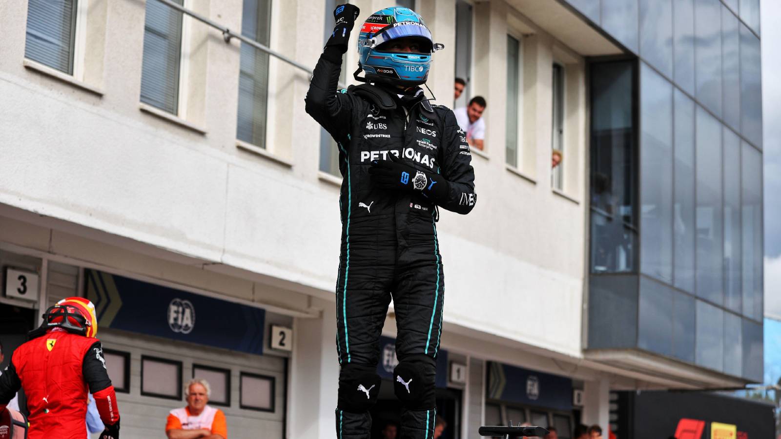 George Russell celebrates pole position for the Hungarian GP. Hungaroring July 2022.