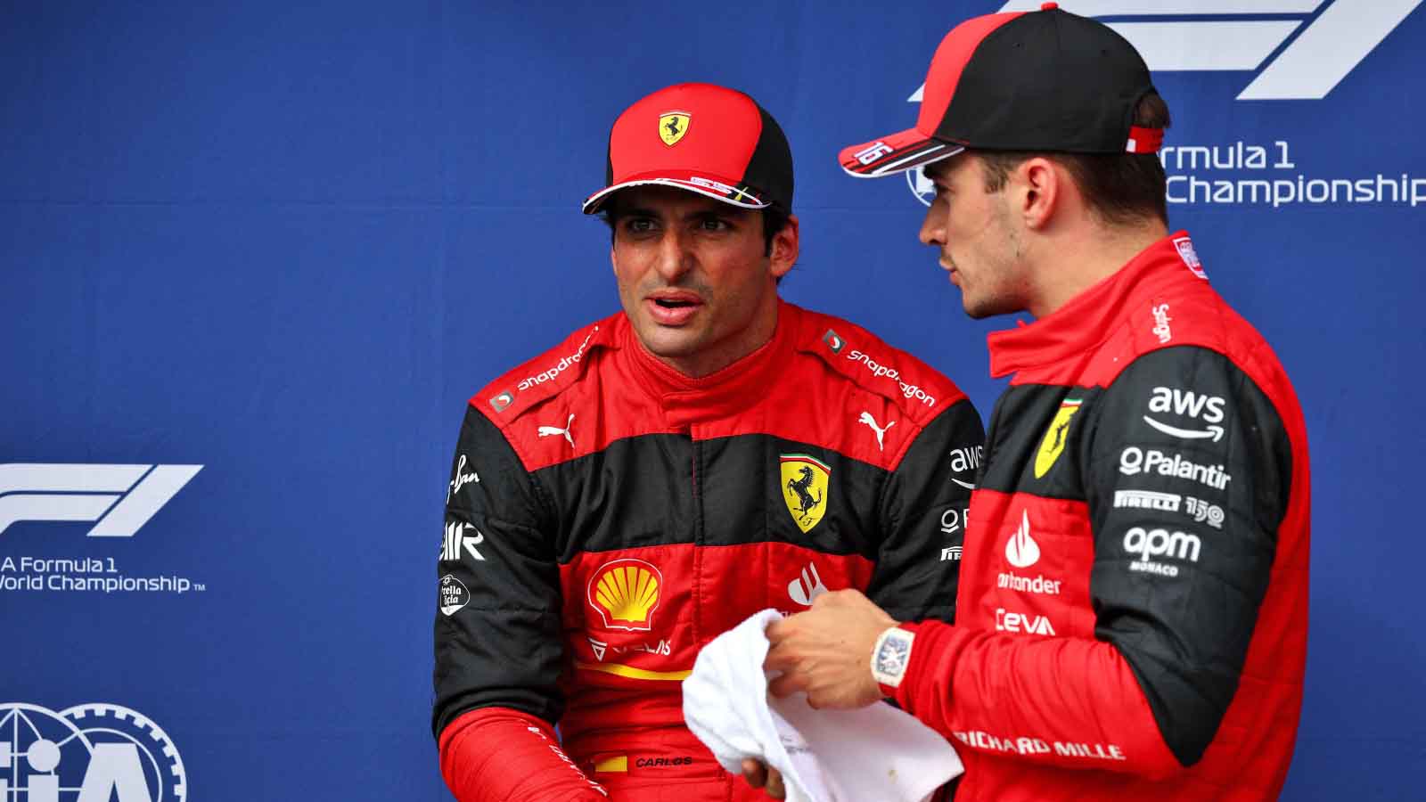 Ferrari pair Carlos Sainz and Charles Leclerc. Hungary July 2022.