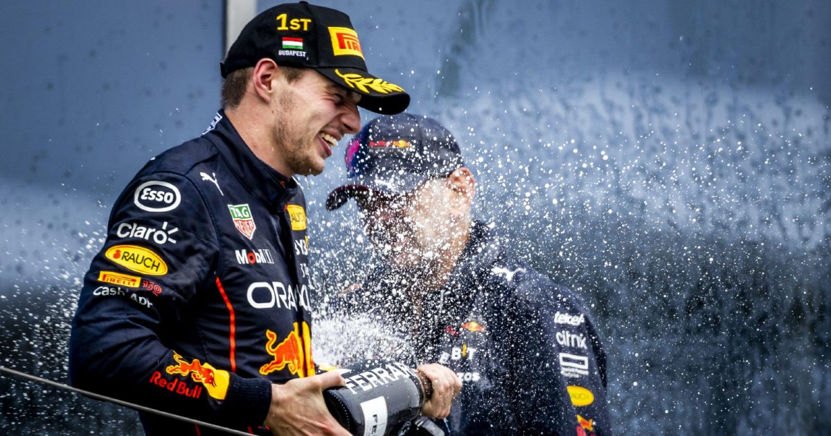 红牛车队的Max Verstappen庆祝匈牙利大奖赛的胜利。布达佩斯,2022年7月。