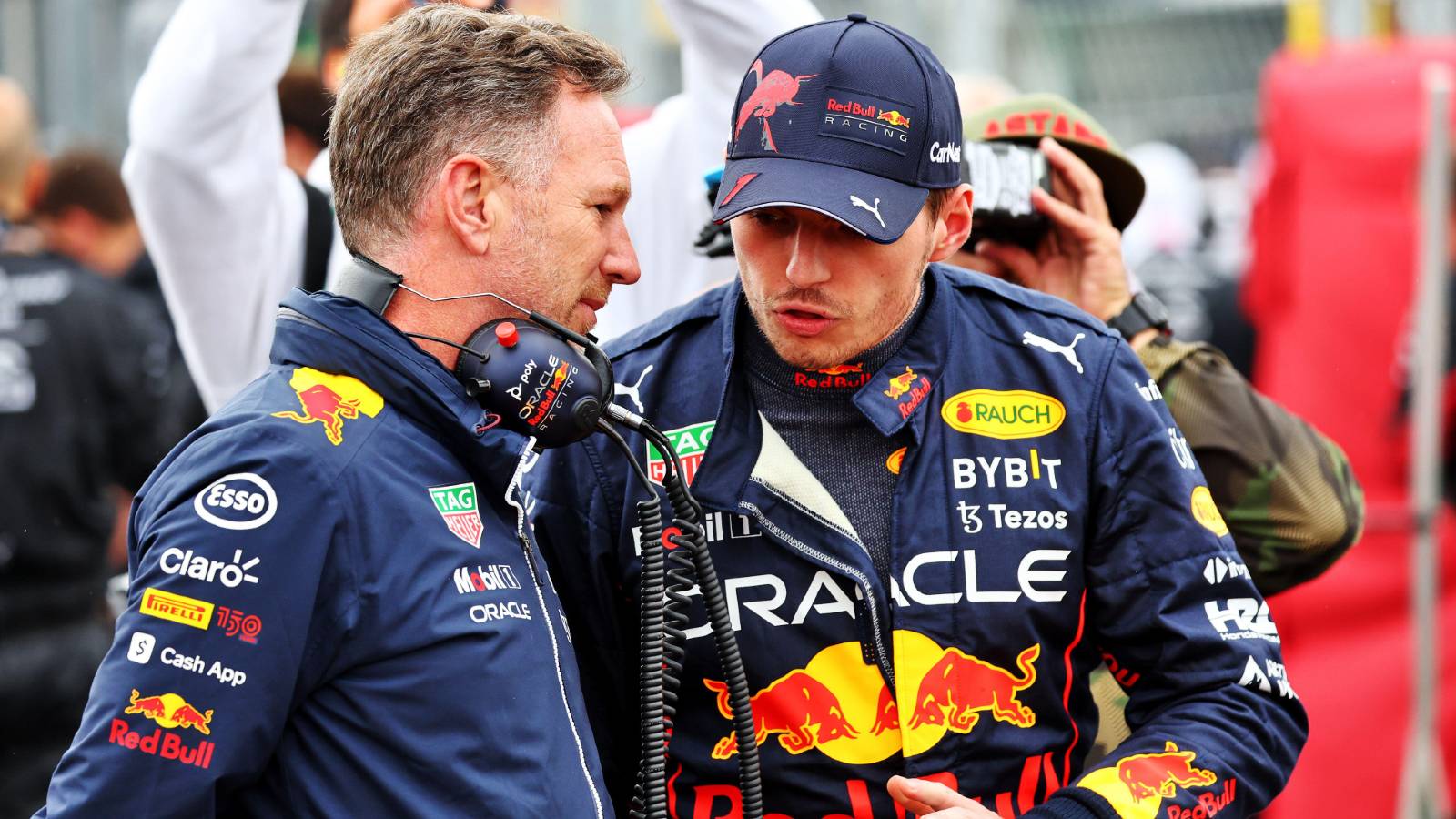 Red Bull's Christian Horner and Max Verstappen before the Hungarian GP. Hungaroring July 2022.
