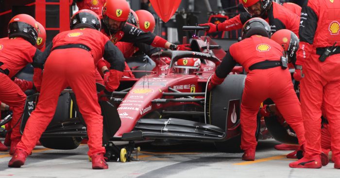 A pit stop for Charles Leclerc with medium tyres. Hungary July 2022