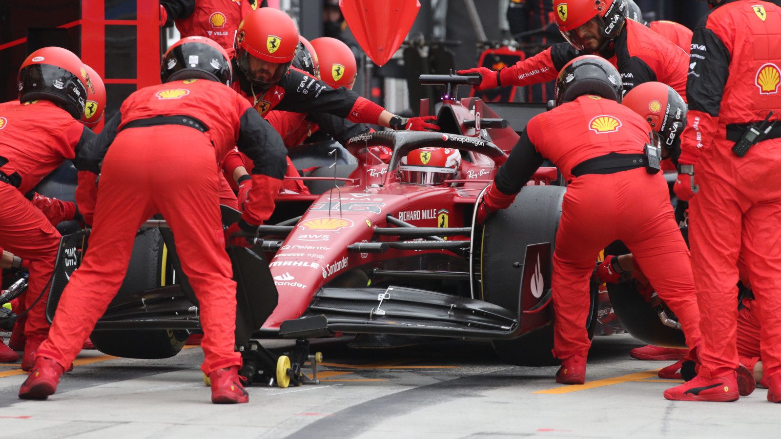 A pit stop for Ferrari driver Charles Leclerc with medium tyres. Hungary July 2022