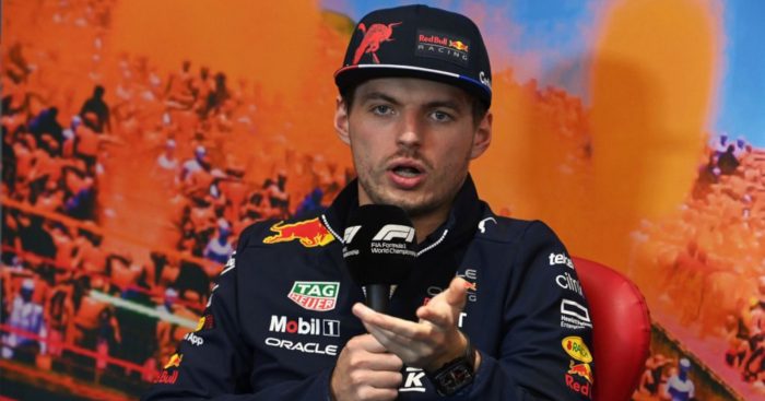 Max Verstappen gestures while speaking during a press conference. Miami May 2022