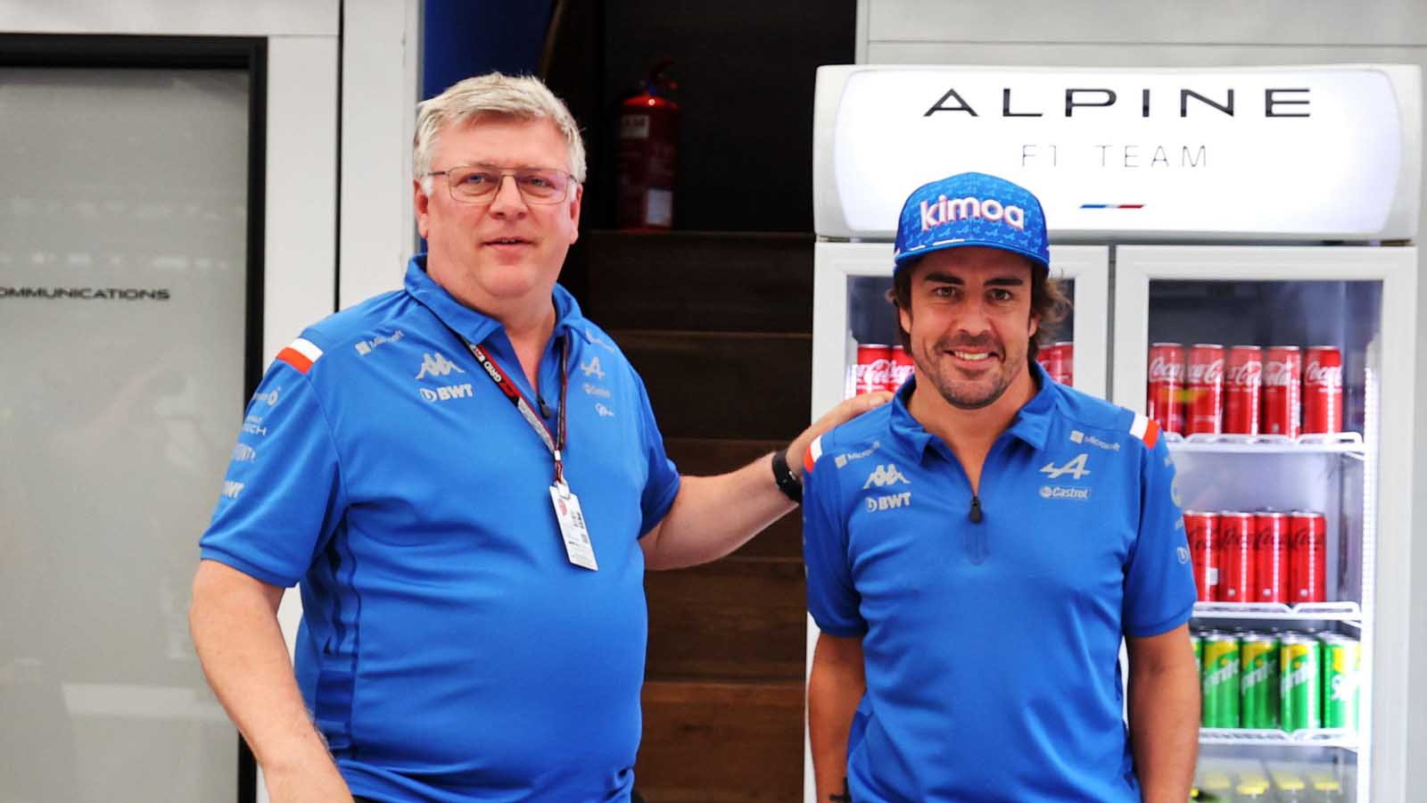 Alpine driver Fernando Alonso with Otmar Szafnauer. Hungary July 2022.