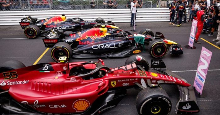 Two Red Bulls and a Ferrari in parc ferme as the podium finishers. Monaco May 2022
