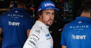 Fernando Alonso with his hands on his hips looking very serious. Canada June 2022