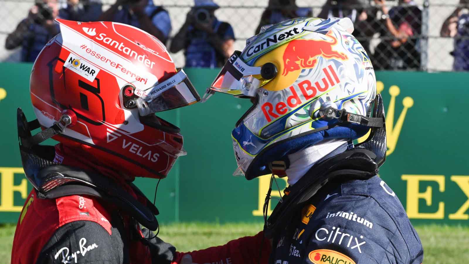 Charles Leclerc and Max Verstappen shake hands. Austria July 2022.