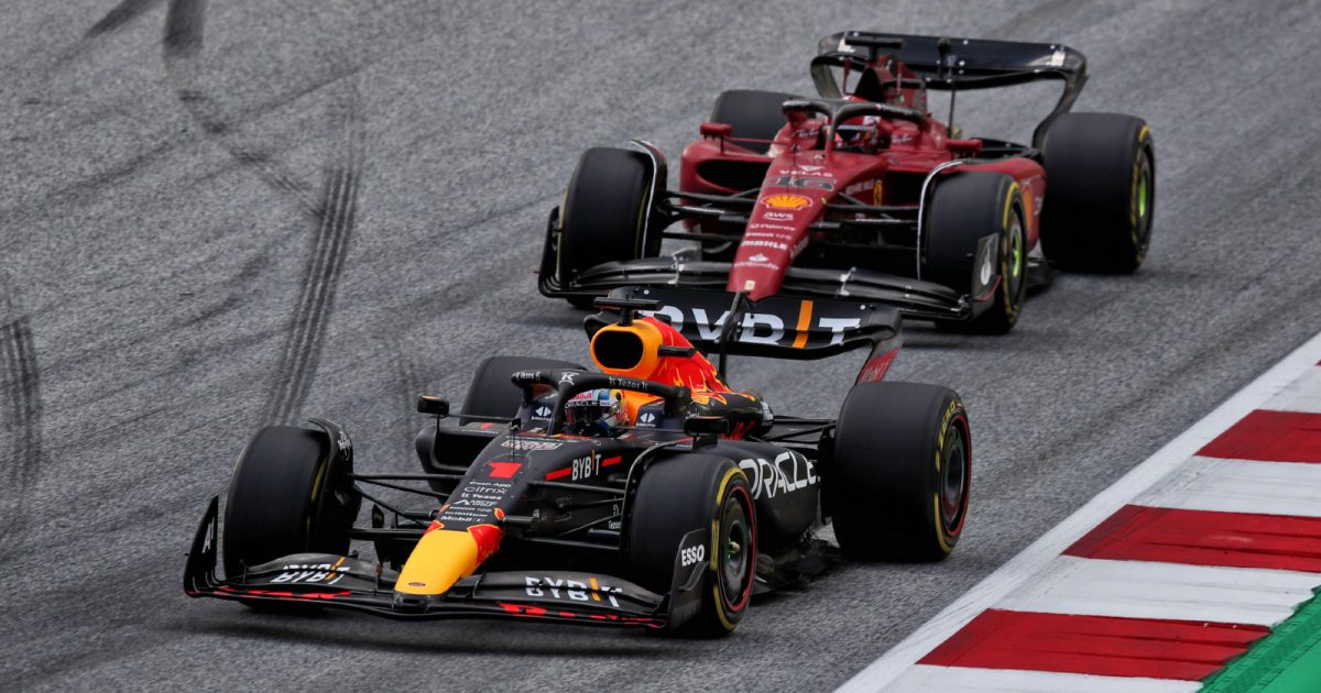Red Bull's Max Verstappen leads Ferrari's Charles Leclerc at the Austrian Grand Prix. Spielberg, July 2022.