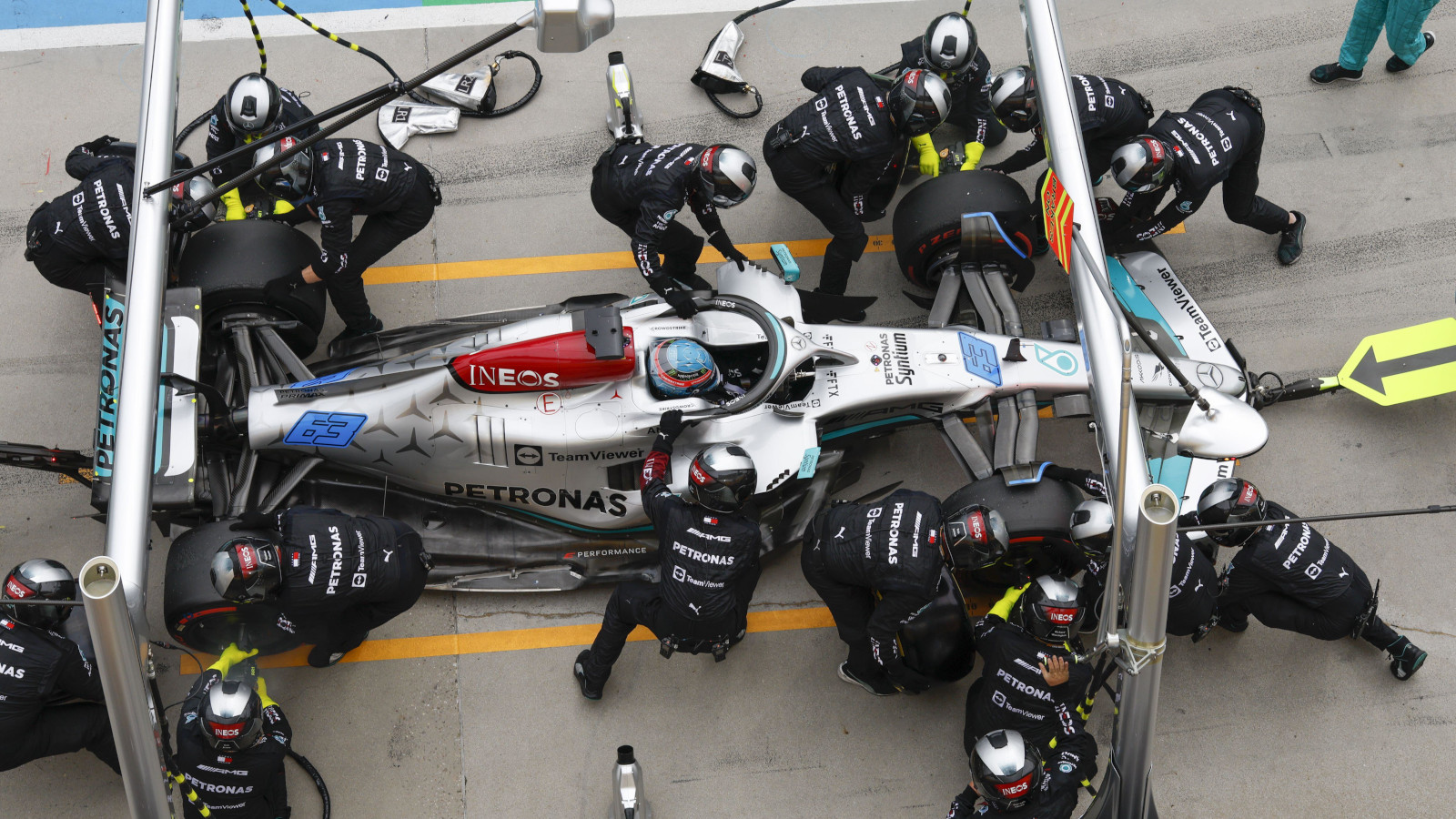 George Russell of Mercedes makes a pit stop, soft tyres. Hungary July 2022