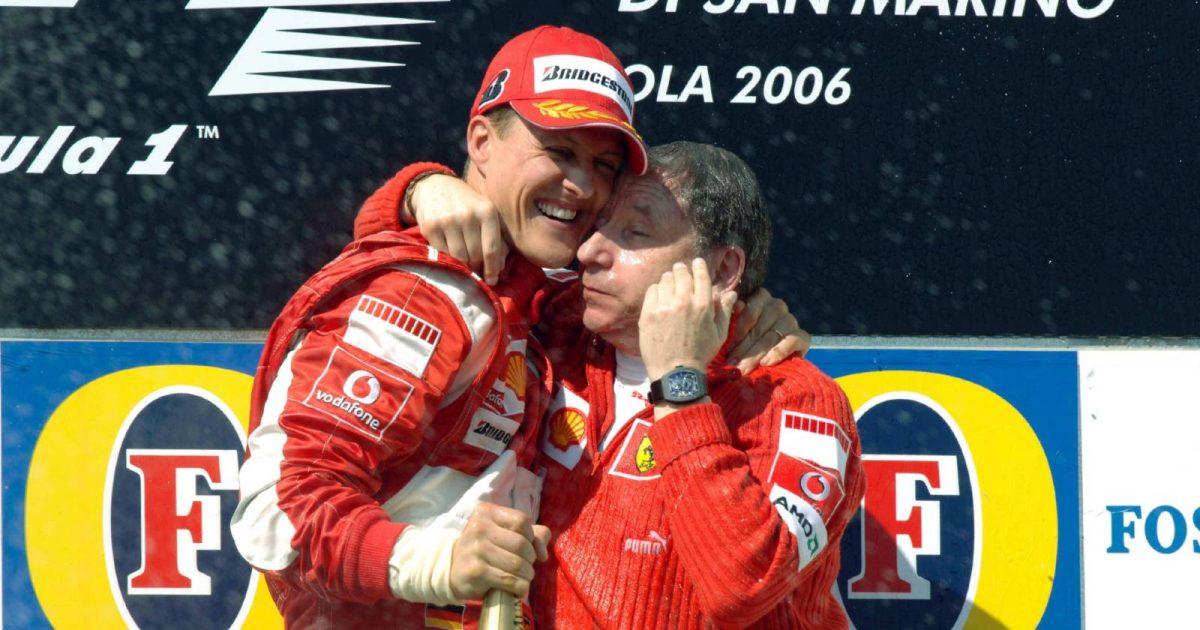 Michael Schumacher hugs Jean Todt. Imola April 2006.