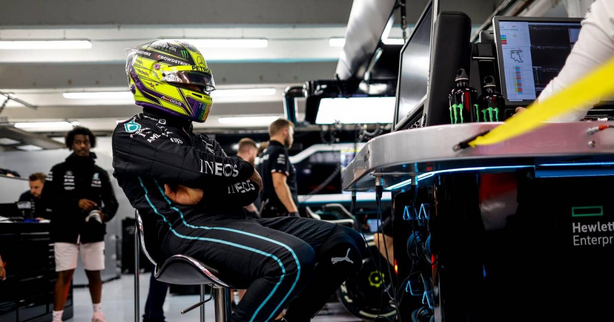 Lewis Hamilton sitting in the Mercedes garage. Hungaroring July 2022.