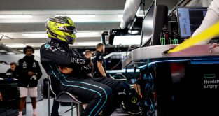 Lewis Hamilton sitting in the Mercedes garage. Hungaroring July 2022.