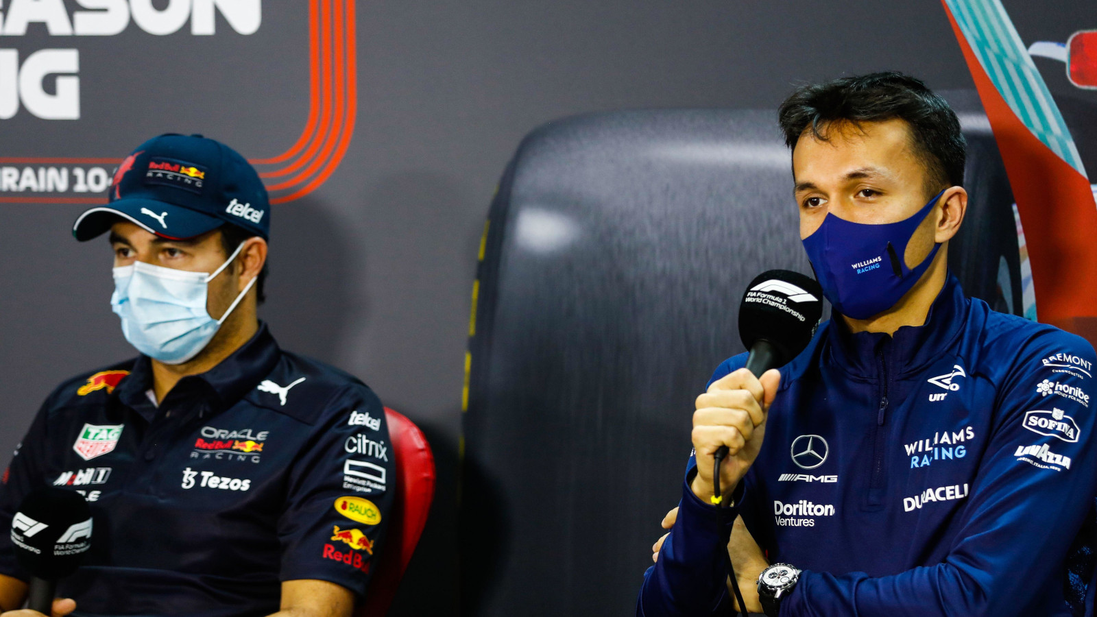 Alex Albon and Sergio Perez in the driver press conference. Bahrain March 2022