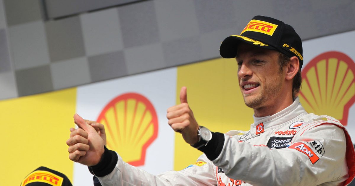 Jenson Button celebrates winning the Belgian Grand Prix. Spa 2012