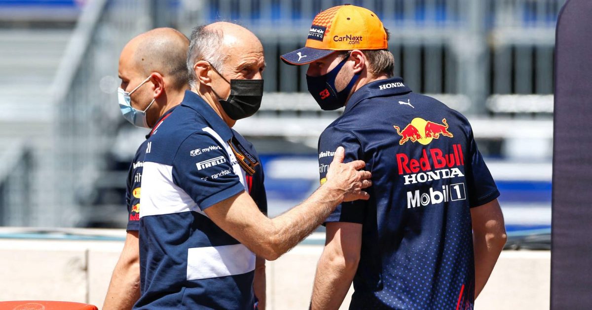 Franz Tost greets Max Verstappen. Monte Carlo May 2021.