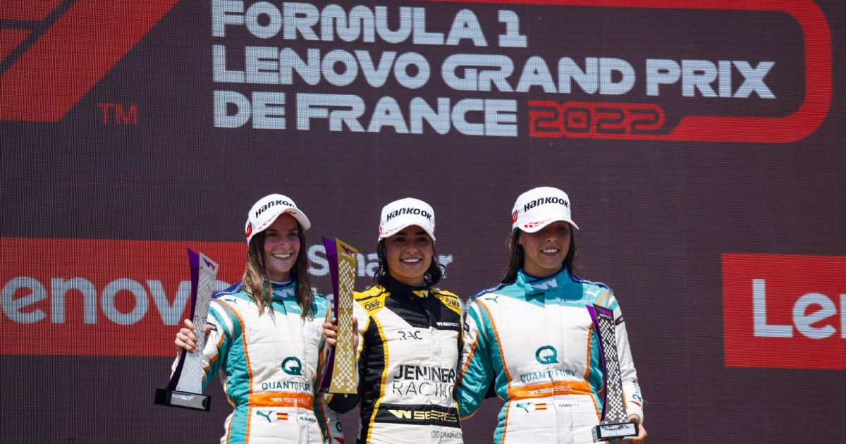 Jamie Chadwick, Belen Garcia and Nerea Marti on the W Series podium. Paul Ricard July 2022.