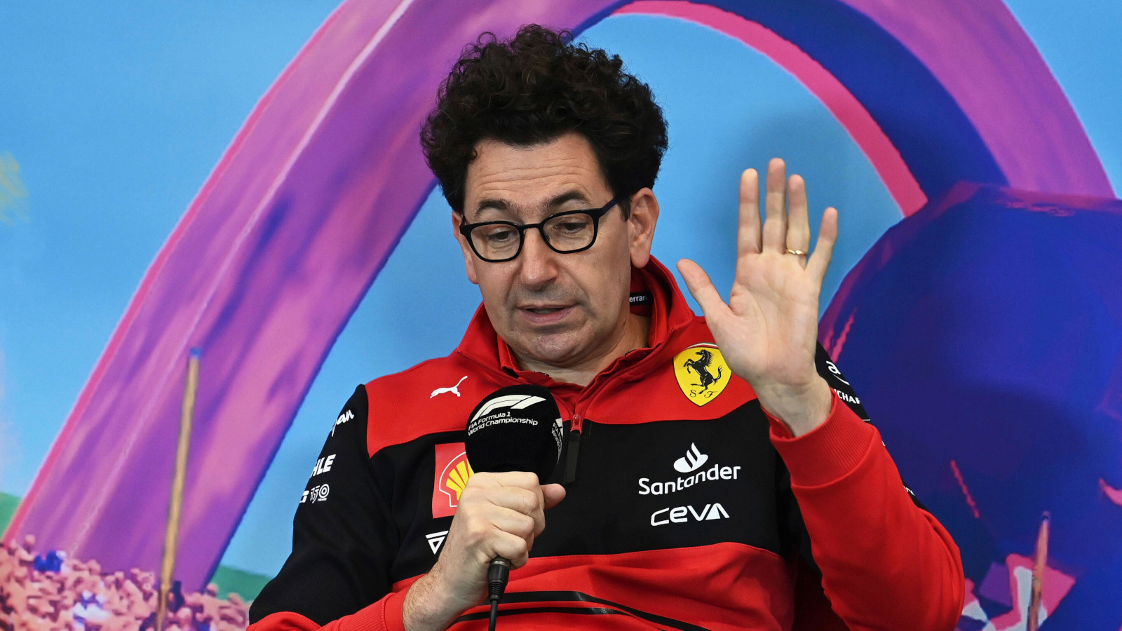 Mattia Binotto hand up in a stop during a press conference. Austria July 2022