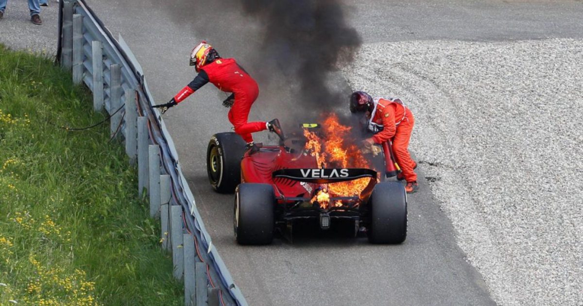 Carlos Sainz leaps from his burning Ferrari. Austria July 2022