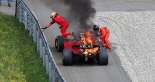 Carlos Sainz leaps from his burning Ferrari. Austria July 2022