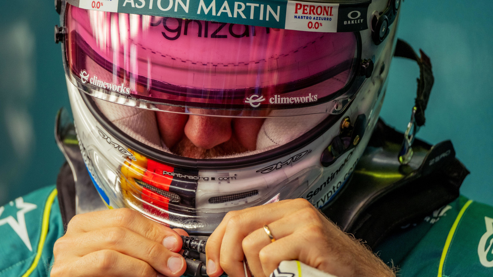 Sebastian Vettel clips in ahead of the grand prix Hungary July 2022