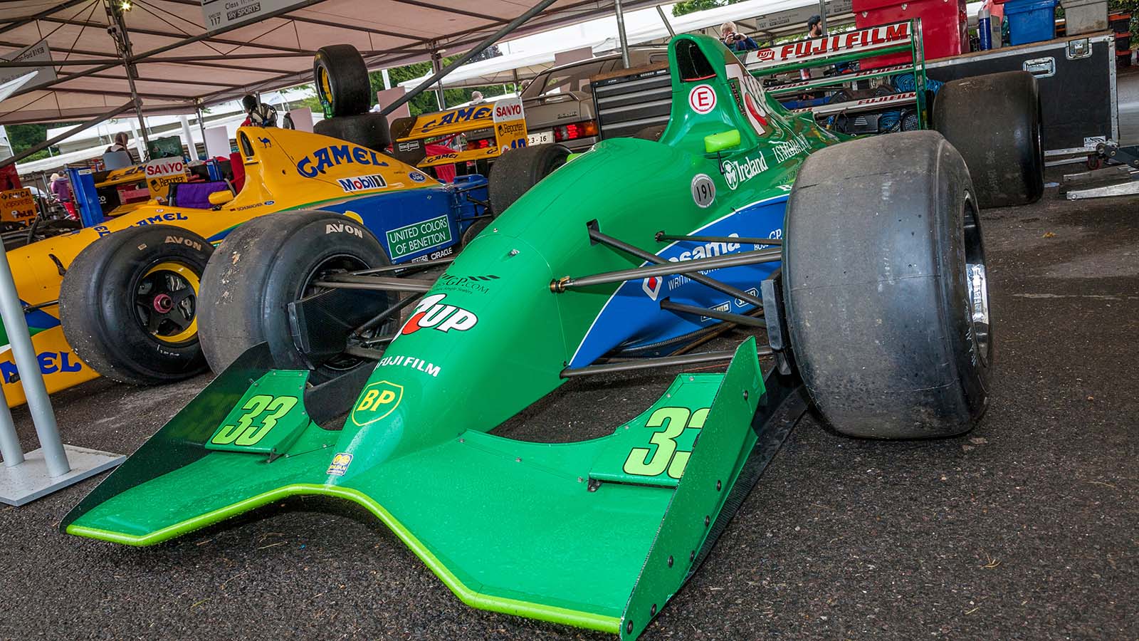 1991 Jordan-Ford 191 F1 car in the paddock at the 2014 Goodwood Festival of Speed, Sussex, UK.