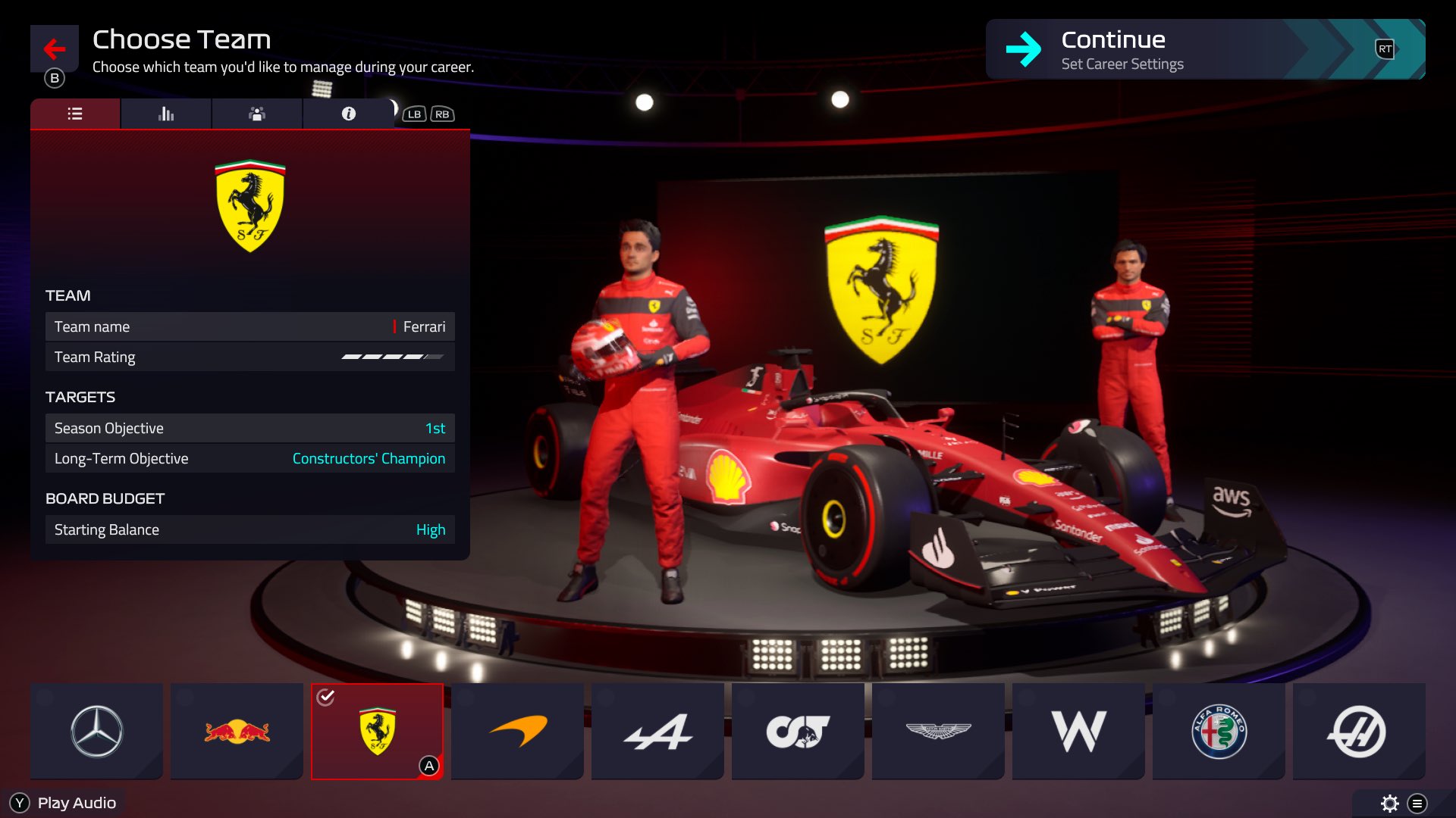The Ferrari selection screen from F1 Manager 2022.