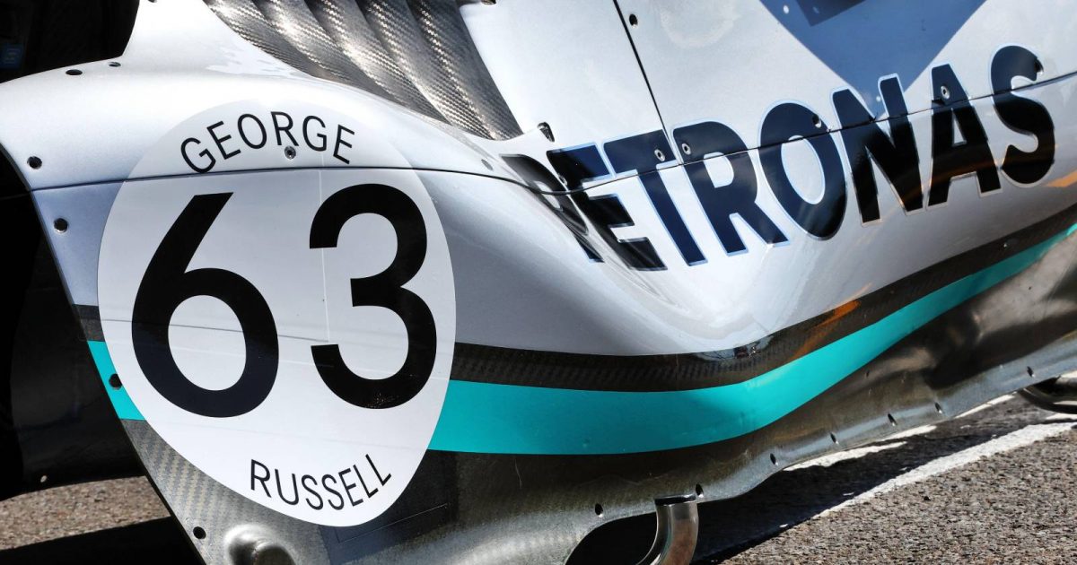 The Mercedes W13 of George Russell sporting a tribute logo. Belgium, August 2022.