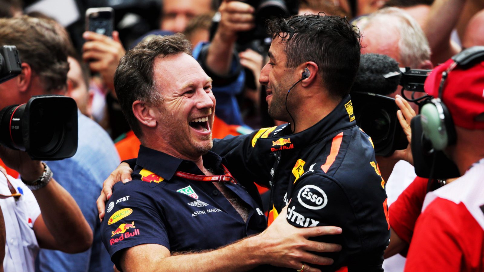 Christian Horner and Daniel Ricciardo embrace. Monaco, May 2018.