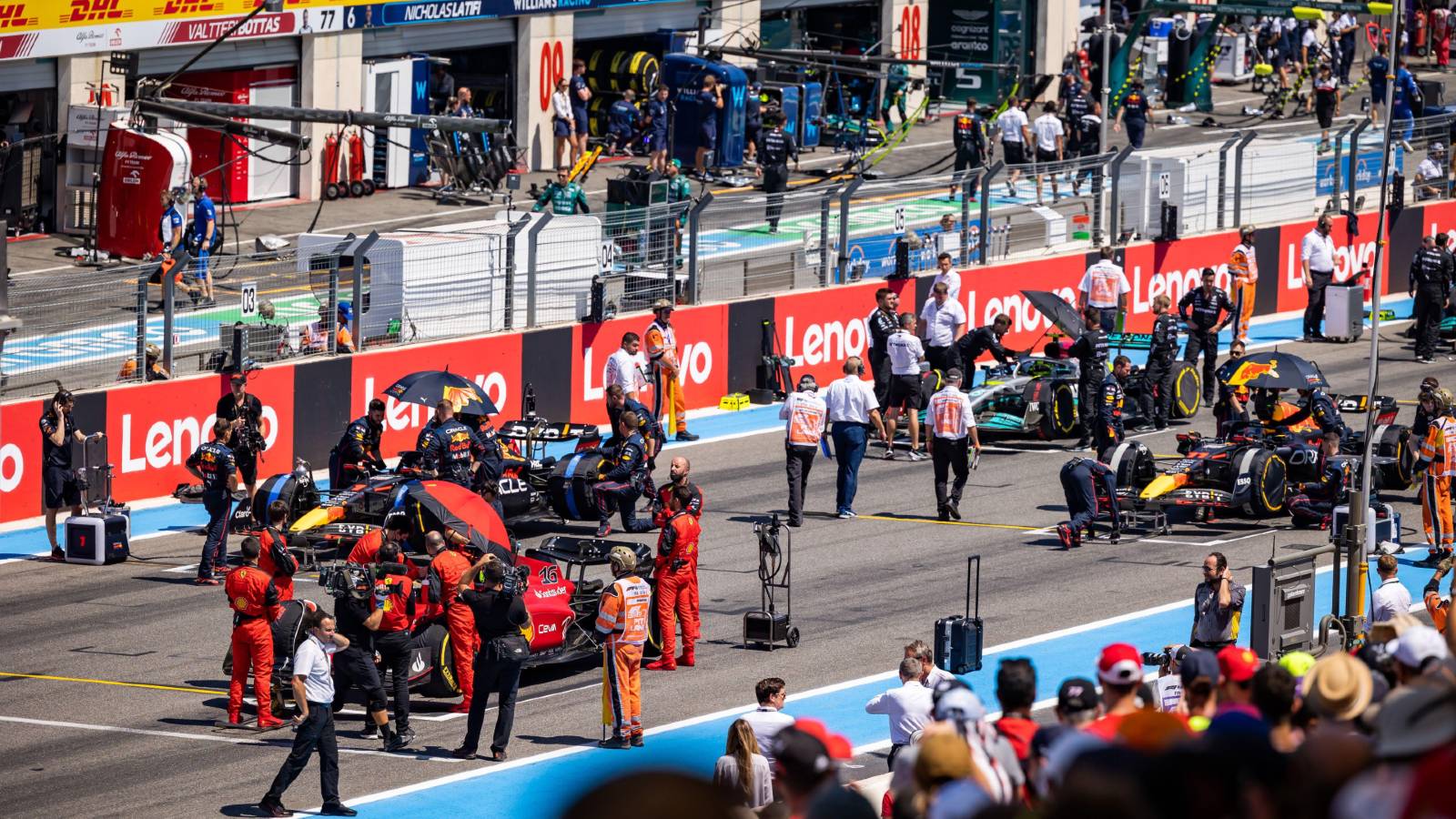 Charles Leclerc's Ferrari ahead of the two Red Bull cars on the grid. Paul Ricard FIA July 2022.