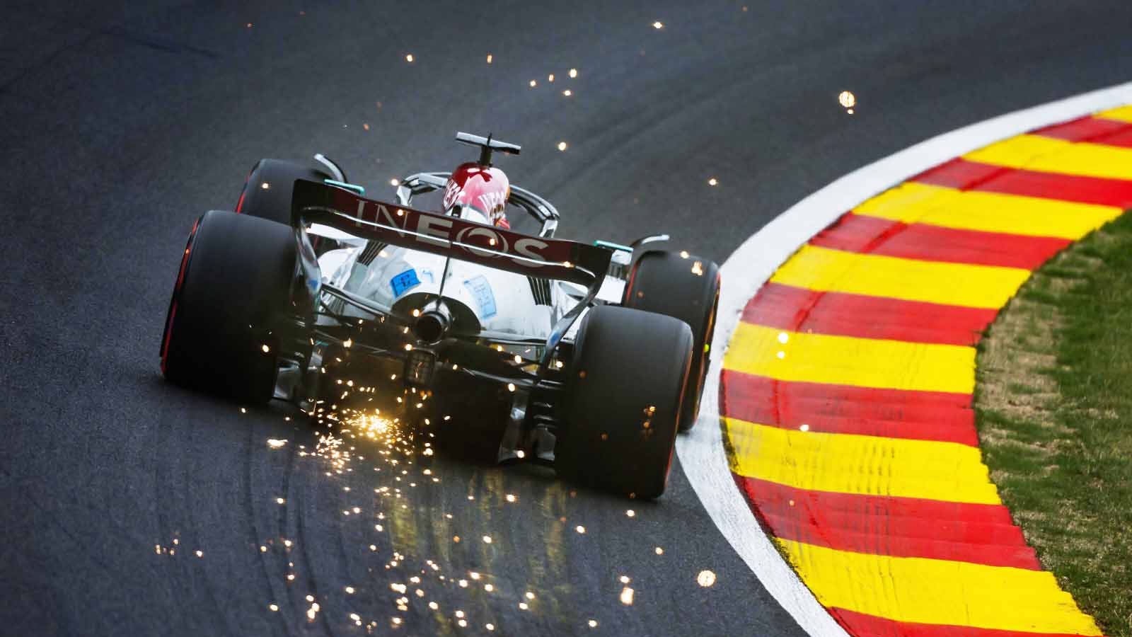 Mercedes driver George Russel at Eau Rouge. Spa August 2022.