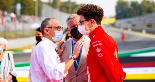 Stefano Domenicali talks to Mattia Binotto. Monza September 2021.