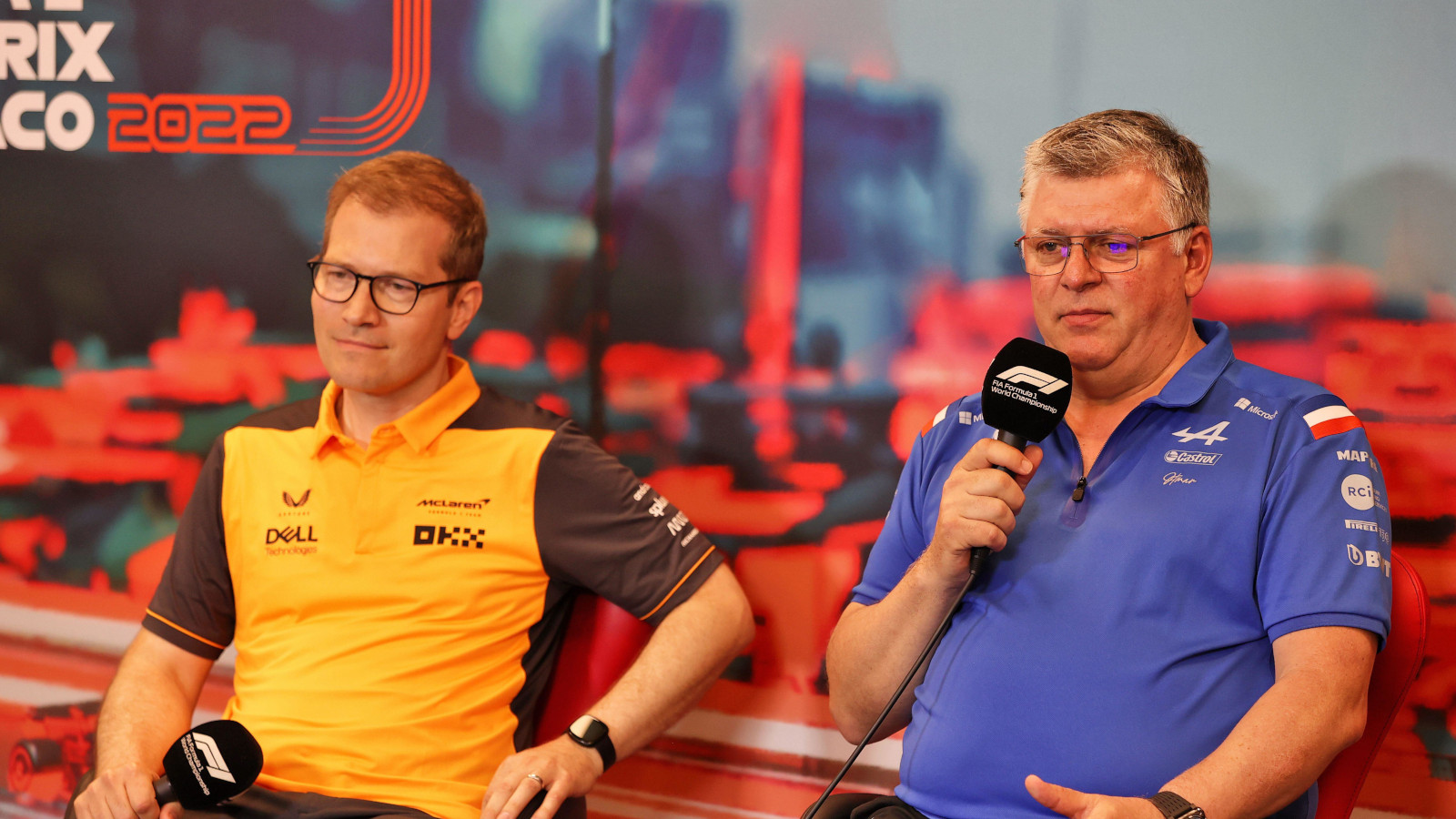 Otmar Szafnauer and McLaren team principal Andreas Seild in a press conference. Monaco May 2022