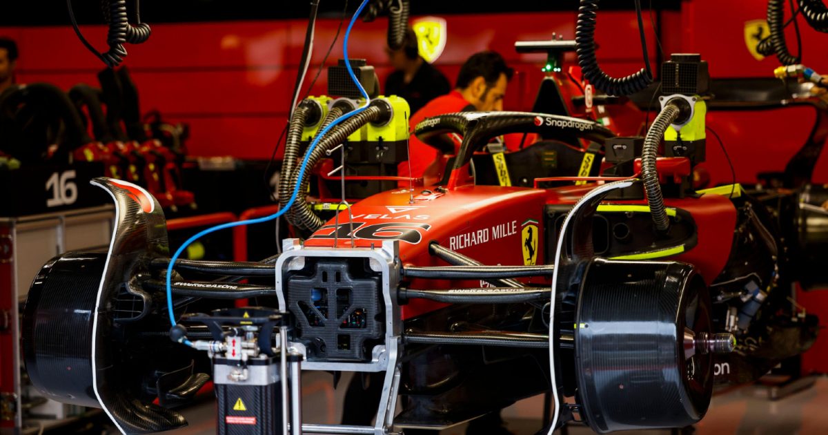 Ferrari's Charles Leclerc's car in pieces in the garage. Spa-Francorchamps, August 2022.