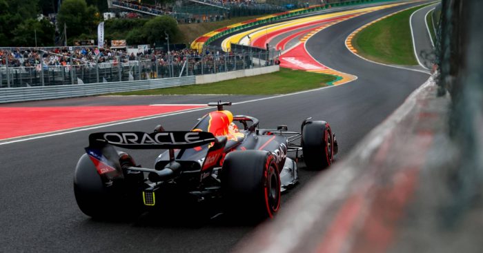 Max Verstappen's Red Bull heading to Eau Rouge. Spa-Francorchamps August 2022.