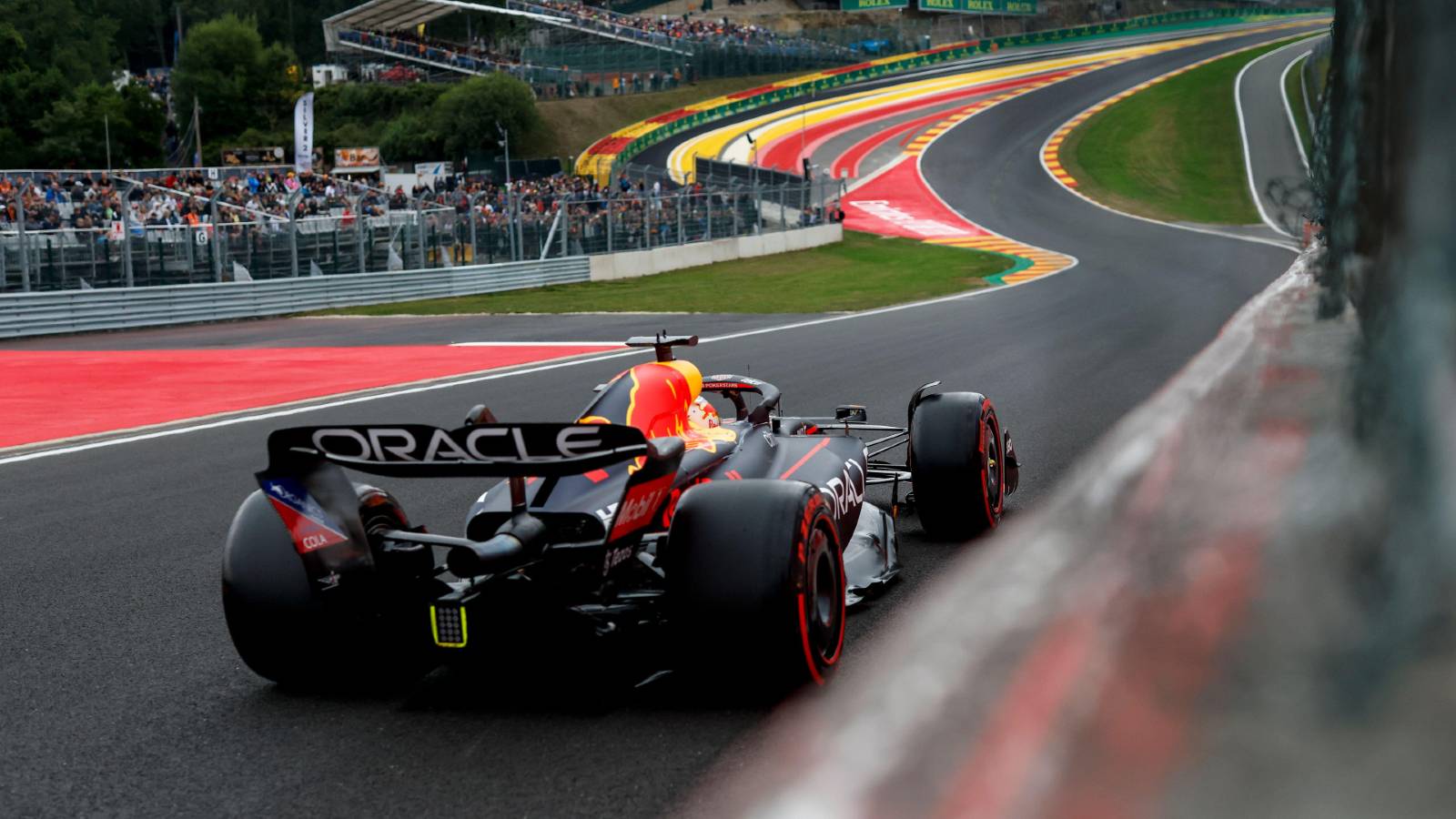 Max Verstappen's Red Bull heading to Eau Rouge. Spa-Francorchamps August 2022.