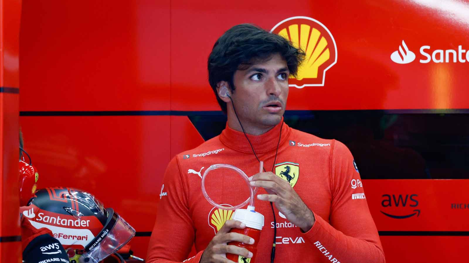 Carlos Sainz in the Ferrari garage. Belgian Grand Prix Spa August 2022.