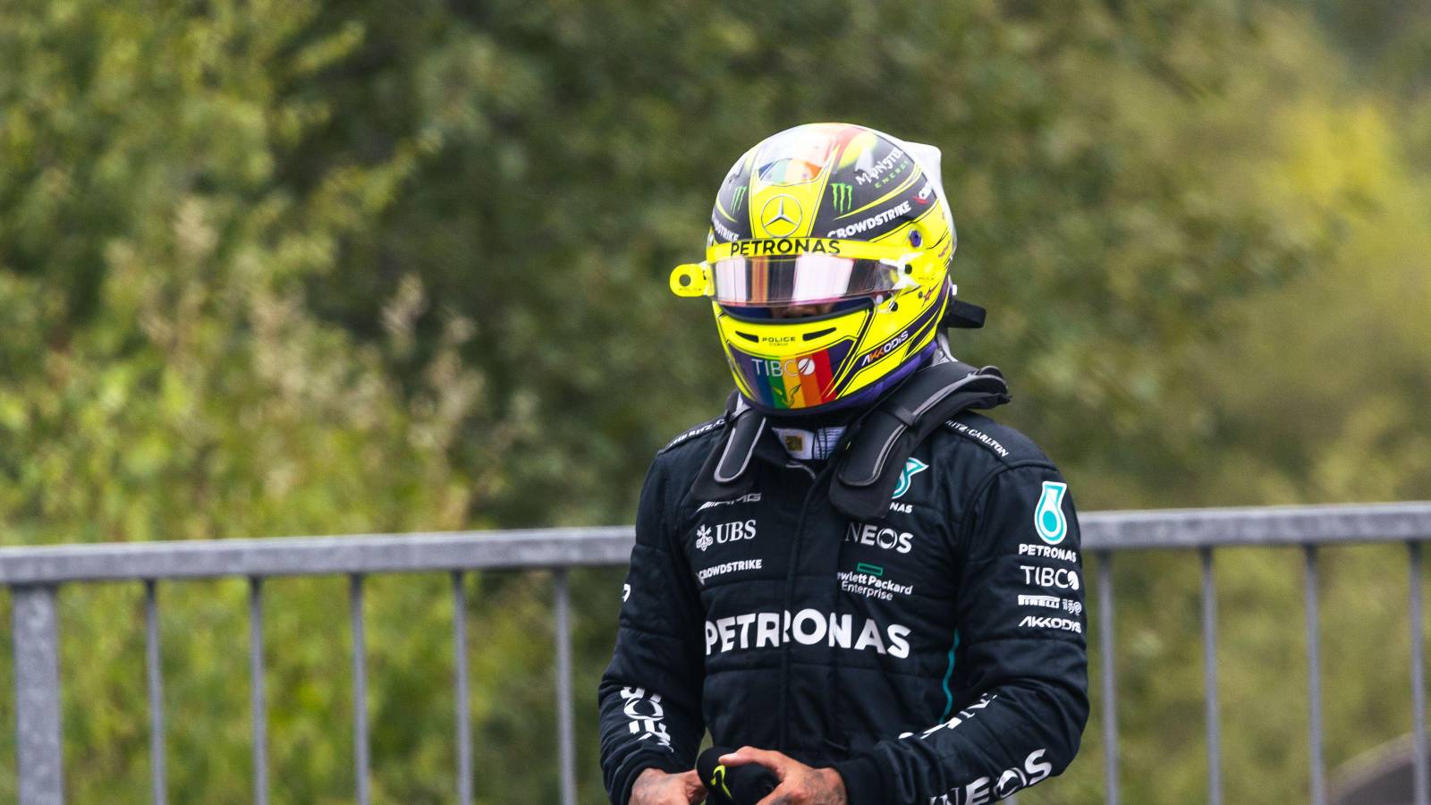 Lewis Hamilton in his Mercedes gear and helmet. Belgium, August 2022.