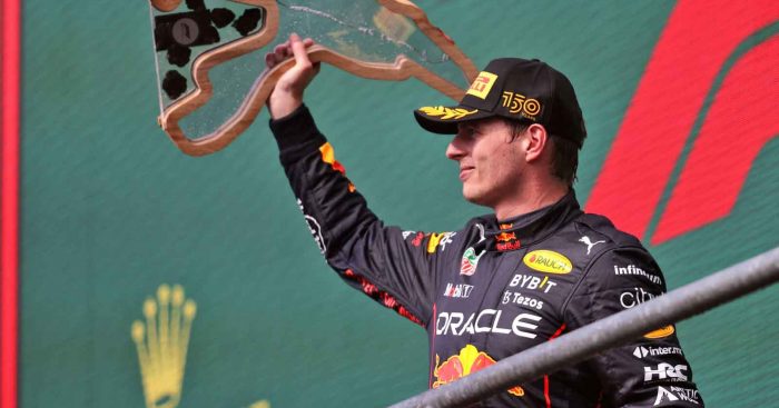 Max Verstappen lifts the trophy. Spa August 2022.