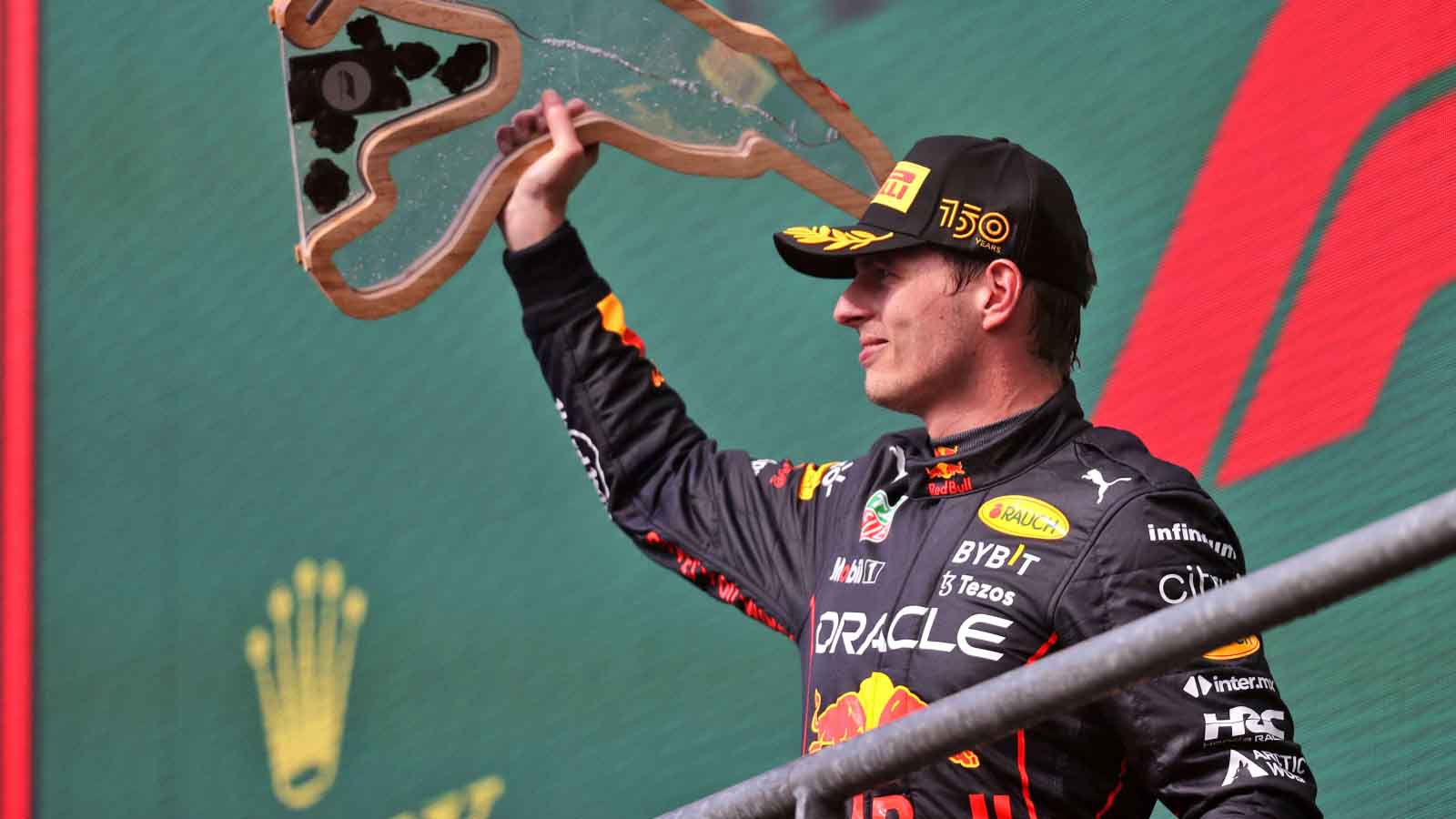 Max Verstappen lifts the trophy. Spa August 2022.