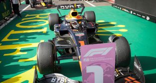 Max Verstappen pulls into parc ferme in front of the P1. Belgium August 2022