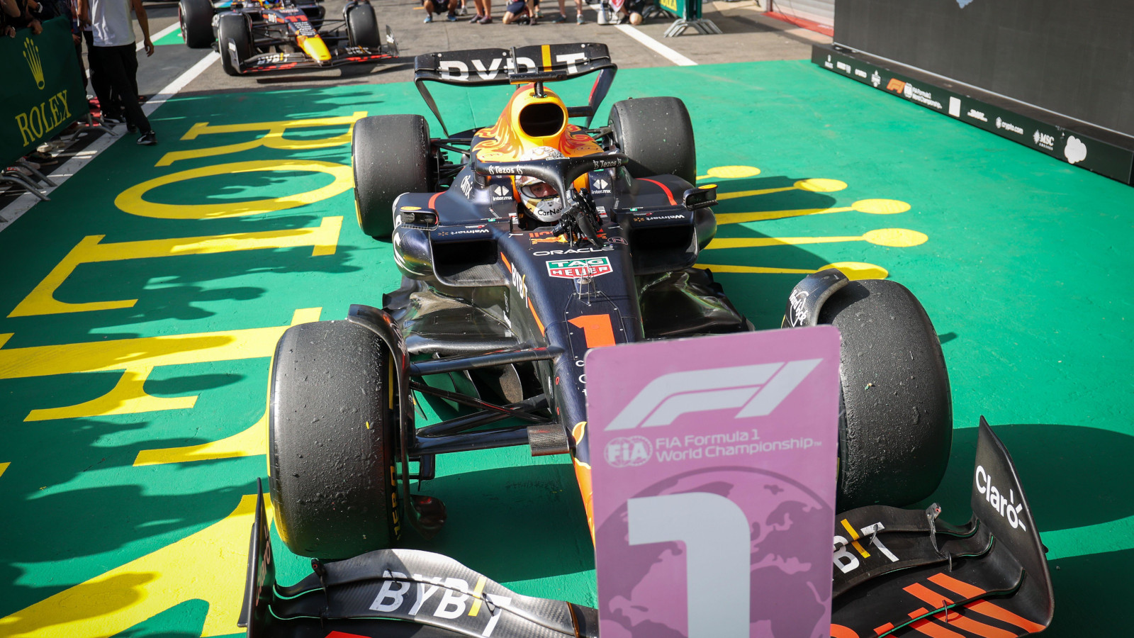 Max Verstappen pulls into parc ferme in front of the P1. Belgium August 2022