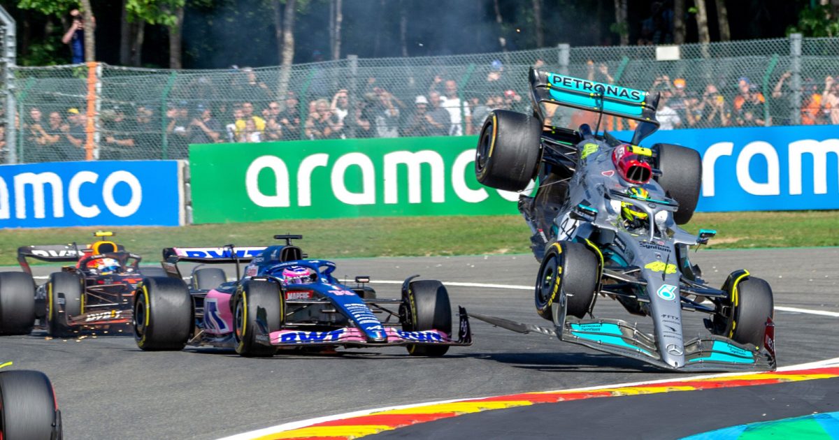 Lewis Hamilton goes airborne after colliding with Fernando Alonso. Belgium August 2022
