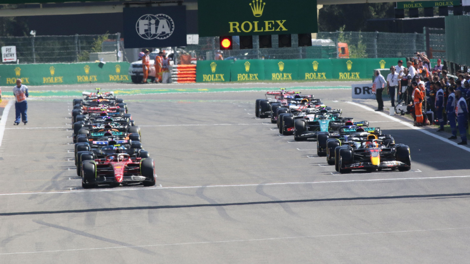 The starting grid with Carlos Sainz and Sergio Perez on the front row. Belgium August 2022