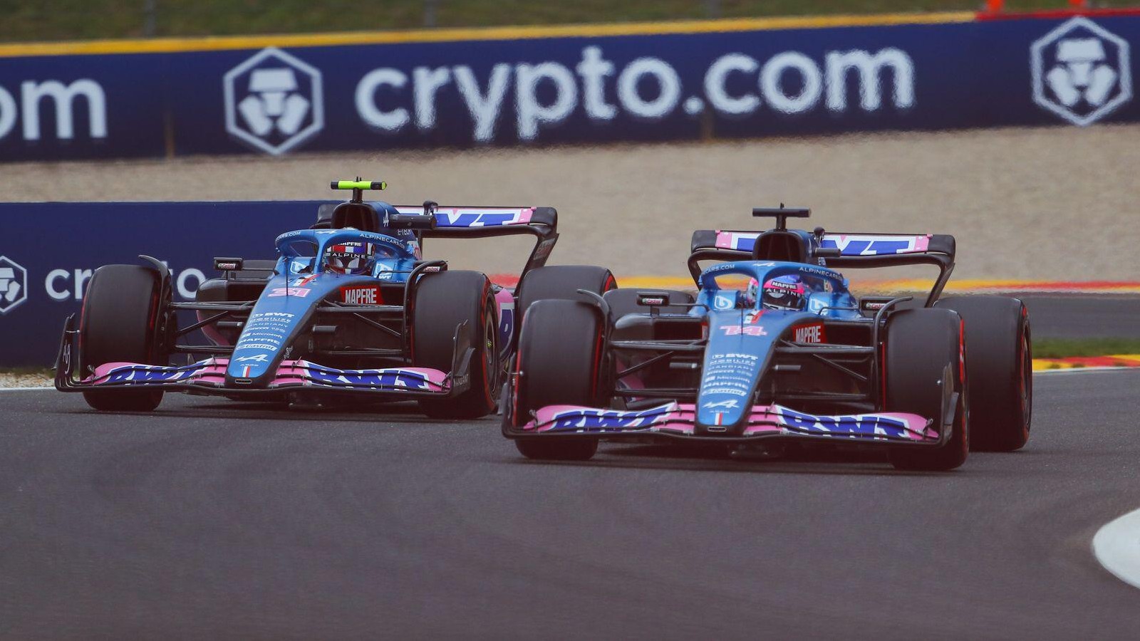 Esteban Ocon and Fernando Alonso, Alpine on track. Belgium, August 2022.