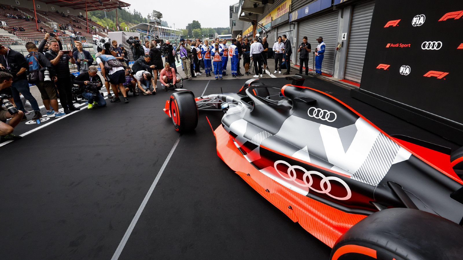 Audi car mock up is revealed at the Belgian Grand Prix. Spa-Francorchamps, August 2022.