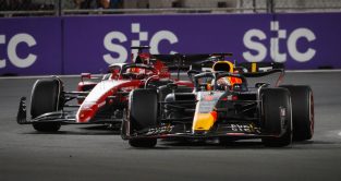 Red Bull's Max Verstappen races Ferrari's Charles Leclerc at the Saudi Arabian Grand Prix. Jeddah, April 2022.