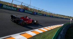 Charles Leclerc's Ferrari on banking during Dutch GP qualifying. Zandvoort September 2022.