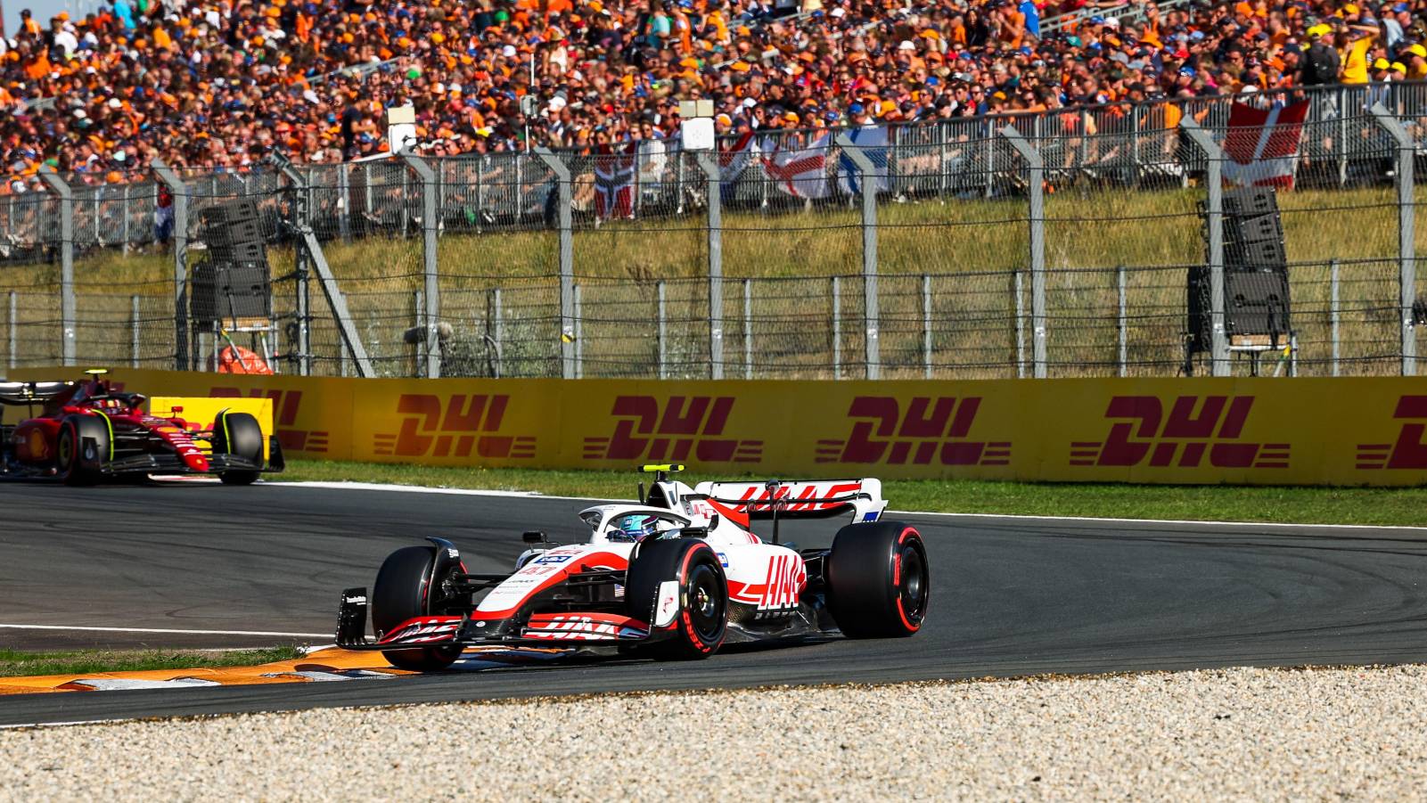 Mick Schumacher's Haas ahead of a Ferrari. Zandvoort September 2022.