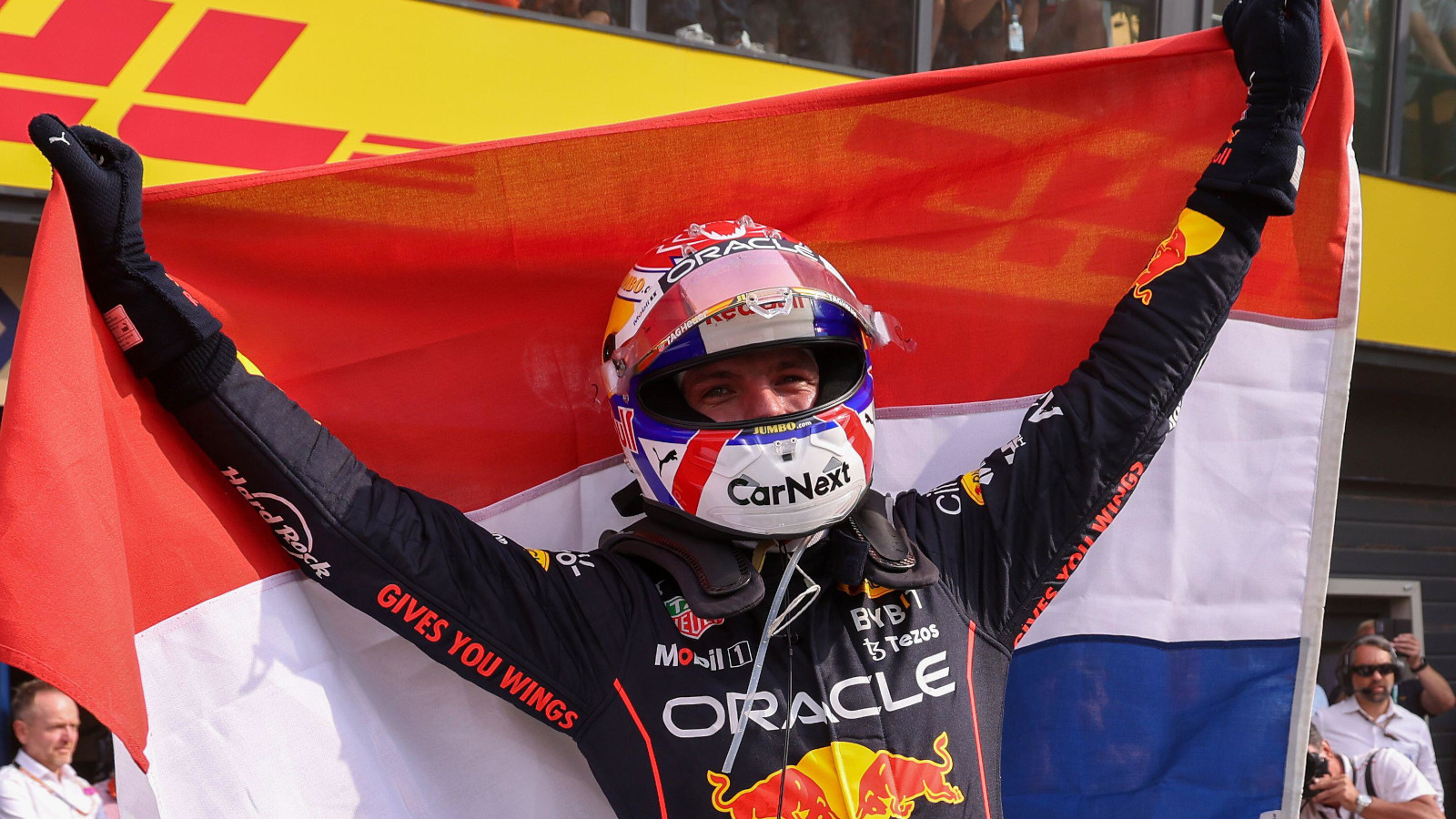 Max Verstappen holds the Dutch flag after winning. Netherlands September 2022